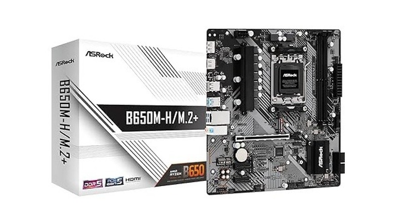An ASRock b650M motherboard with box on white background