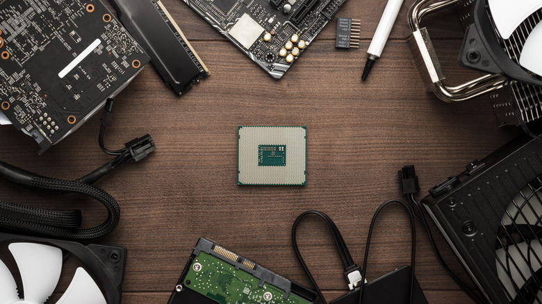 Computer parts laid out on a table