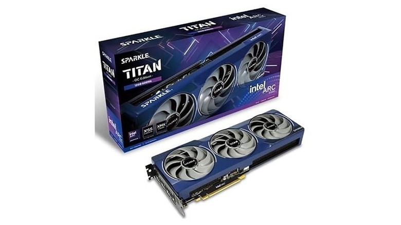 Intel GPU Sparkle Titan and box on white background