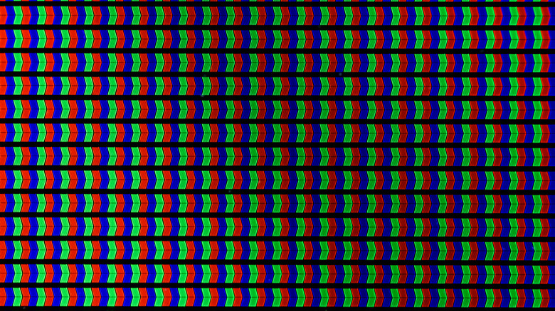 Close-up of red, blue, and green pixels on TV display