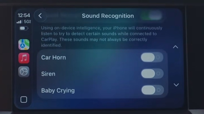 A CarPlay screen displaying the Sound Recognition settings menu.
