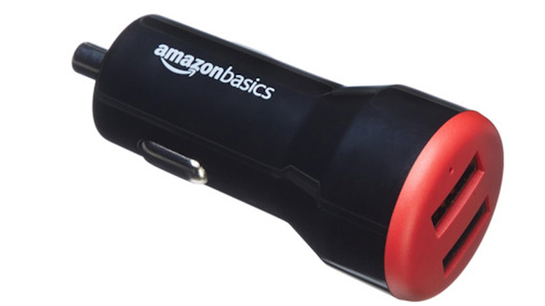 Red and black Amazon USB-A Charger for Car with a white background