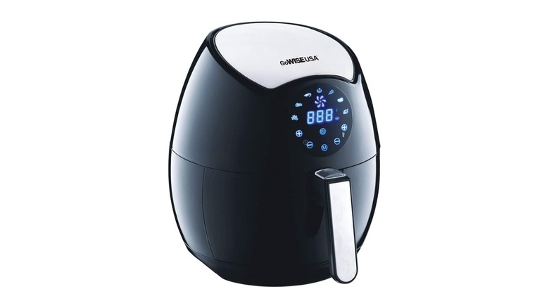 Black air fryer against a white background