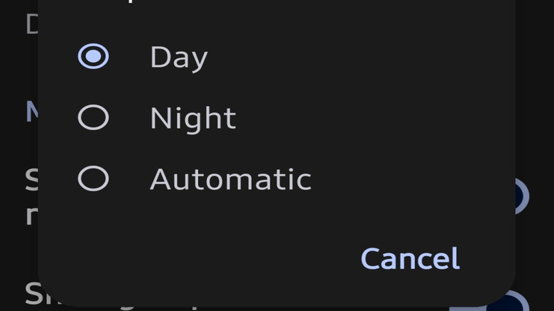 An Android menu called Day/Night mode for maps.