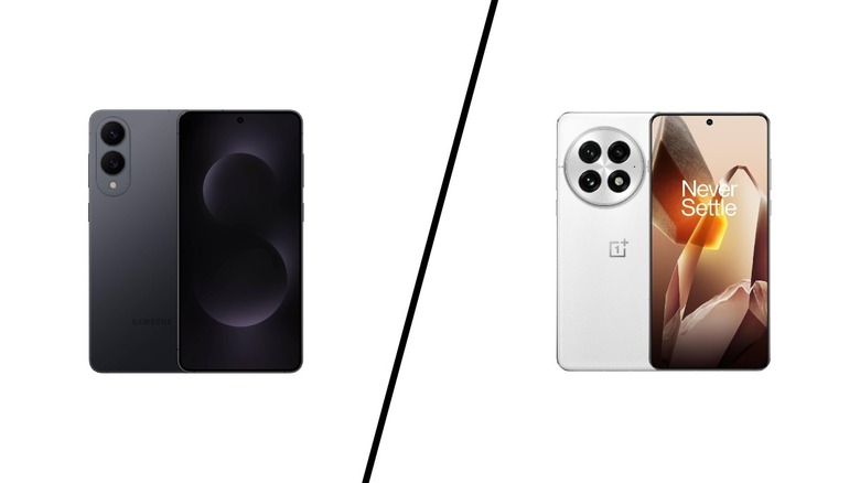 Samsung Galaxy S25 Edge and OnePlus 13 on a white background separated by a vertical line