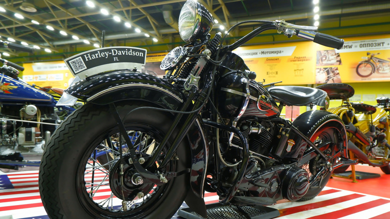 1941 Harley Davidson FL parked at show, front-left 3/4 view