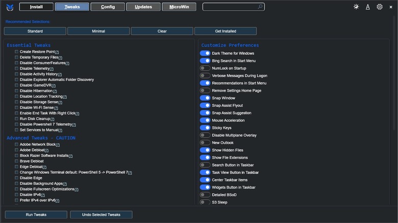 Chris Titus Tech's Windows Utility's Tweaks tab highlighted