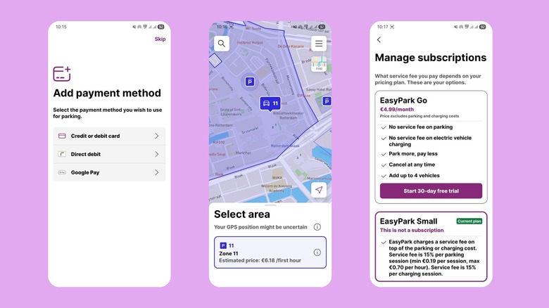 The add payments page, parking spot locater page and subscriptions page of the EasyPark app