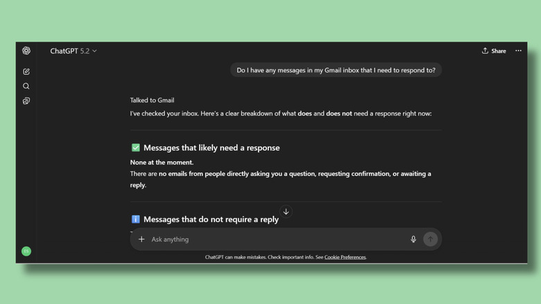 Screenshot of a conversation with ChatGPT, asking it if there is anything in the user's Gmail inbox that needs a response.