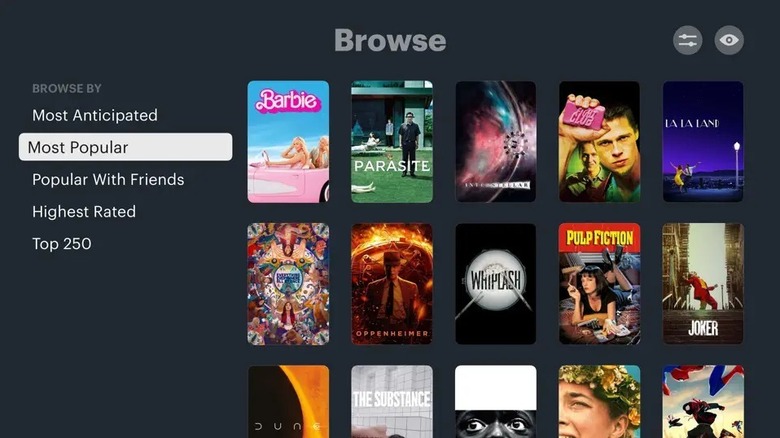 The interace of the Letterboxd app on an Apple TV