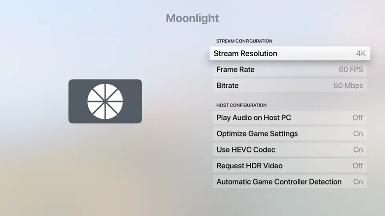The Settings page of the Moonlight Game Streaming app on Apple TV
