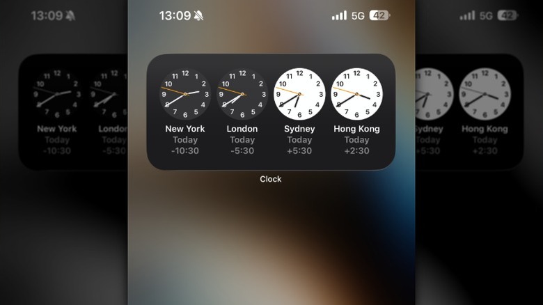 Clock widget on an iPhone Home Screen.
