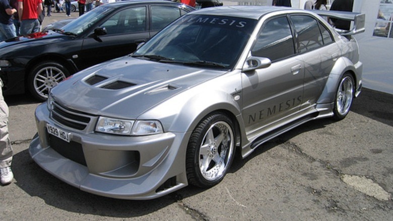 A Mitsubishi EVO with a wide body kit