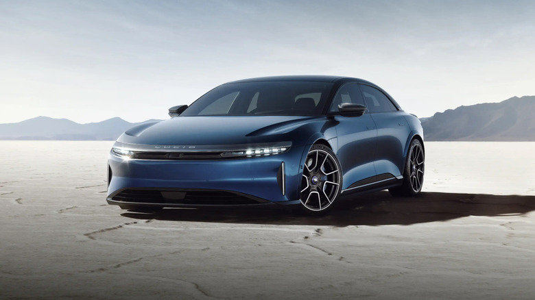 A side on shot of a blue Lucid Air Sapphire