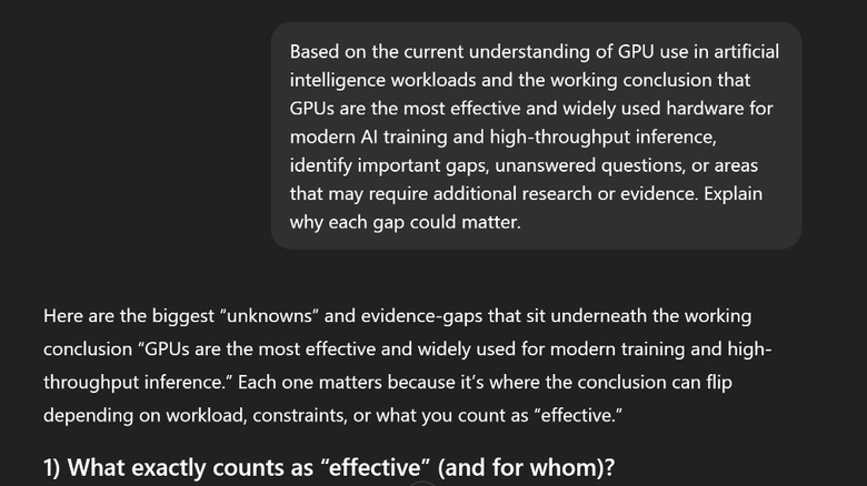 Sample of prompt asking to identify gaps in research: Sample prompt (adaptable):  "Given the current understanding of [topic] and the conclusion that [claim], identify important gaps, unanswered questions, or any areas that may require additional research or evidence. Explain why each research gap matters."