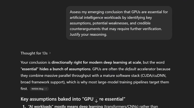 Sample of ChatGPT prompt asking for conclusions to be verified. Sample prompt (adaptable):  "Assess my emerging conclusion that [claim] about [topic] by identifying key assumptions, potential weaknesses, and potential counterarguments that may require further verification. Justify your reasoning."