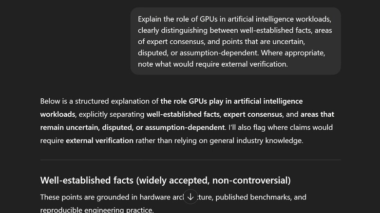 Screenshot of sample ChatGPT research prompt reading: Sample prompt (adaptable):  "Explain [topic], clearly distinguishing between well-established facts, areas of expert consensus, and points that are uncertain, disputed, or assumption-dependent. Where appropriate, note what would require external verification."