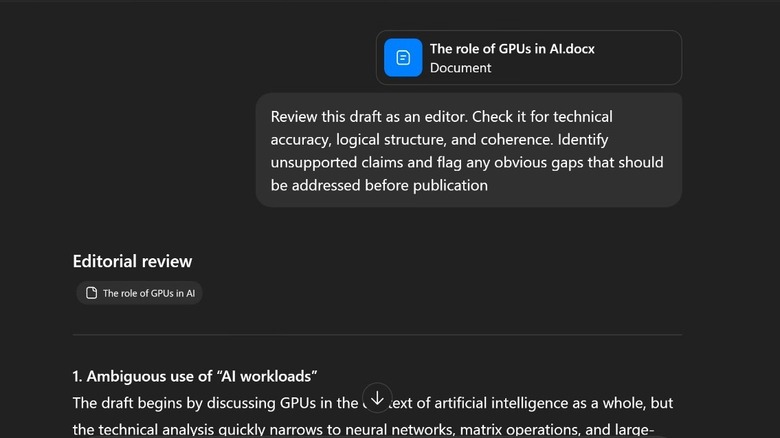 Screenshot of prompt asking ChatGPT to edit a document: Sample prompt (adaptable):  "Review this draft as an editor. Check it for technical accuracy, logical structure, and coherence. Identify unsupported claims and flag any obvious gaps that should be addressed before publication."