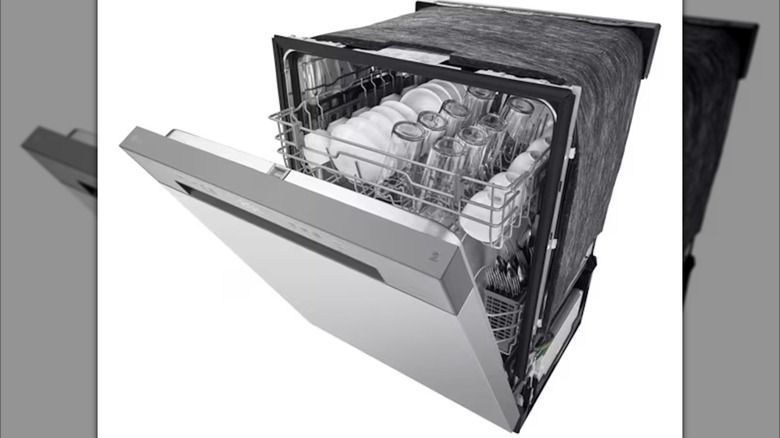LG LDFC2423V Front Control Dishwasher filled with dishes and with door partially opened