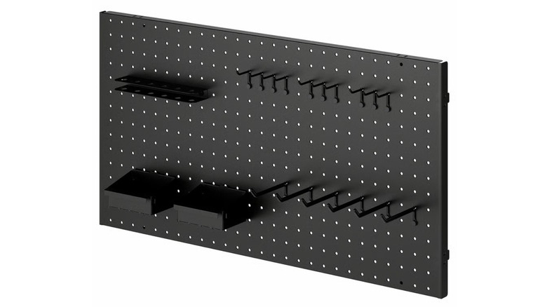 Black, metal, Ikea pegboard on a white background