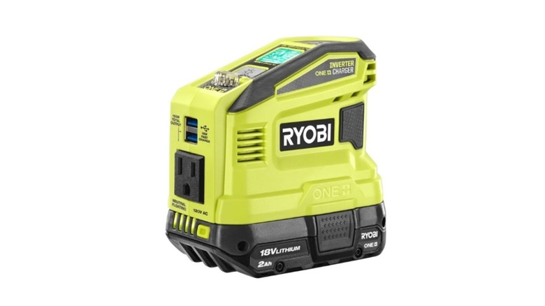 Green and black Ryobi brand power bank on white background