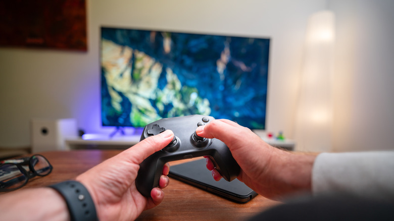 A person gaming on a television, holding an unmarked controller