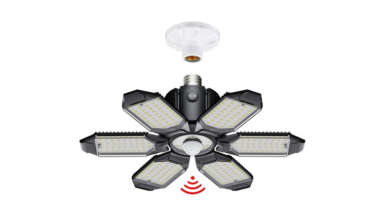 Stock image of screw-in lightbulb with six LED panels, similar to a fan