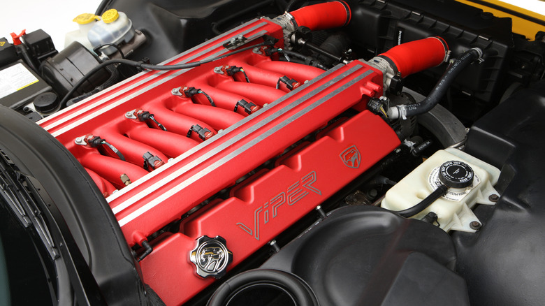 A close-up of a Dodge Viper V10 engine bay.