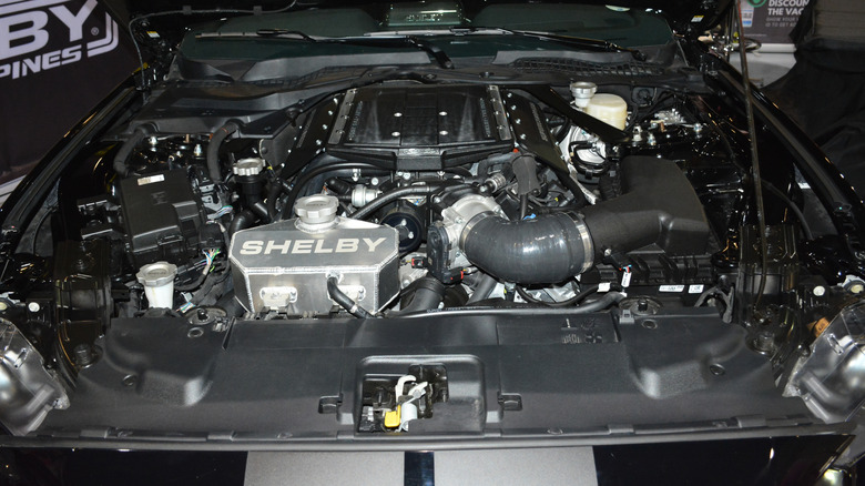A close-up of a 2021 Shelby GT500 engine bay.
