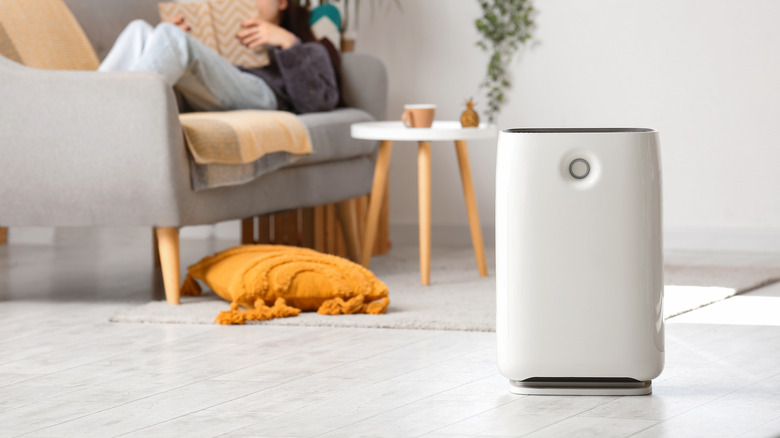 White air purifier with a person lounging on a couch in the background