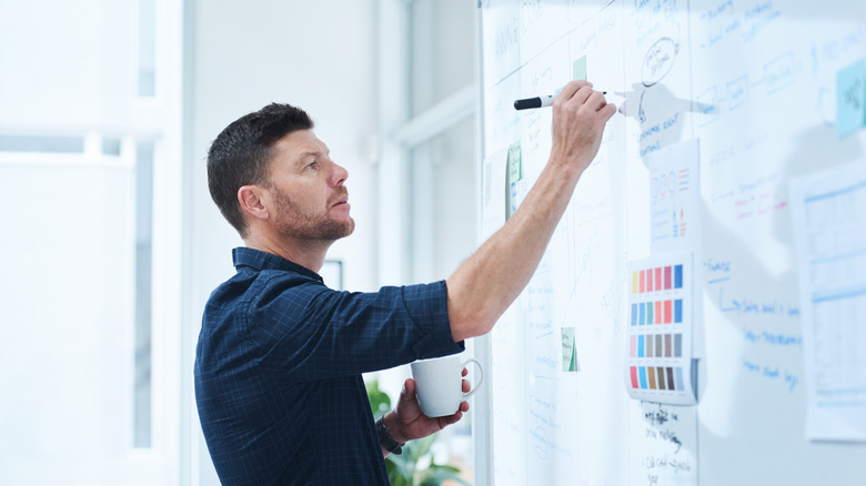 A project manager outlining plans on a whiteboard