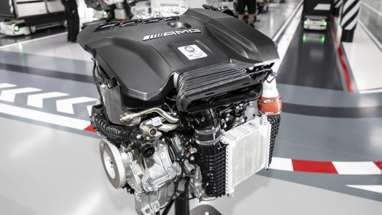 Mercedes-AMG M 139 engine on display in a factory