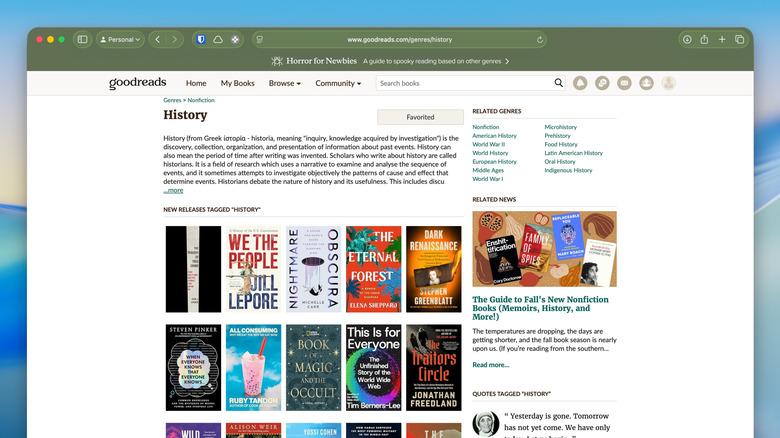 Exploring History books on the Goodreads website on a Mac.