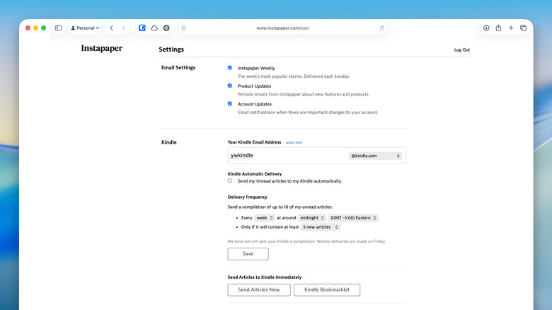 Setting up syncing on the Instapaper website on a Mac.
