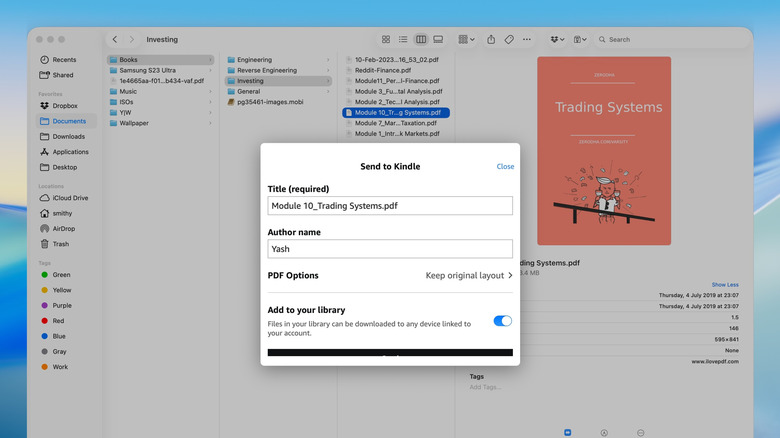 Sending a book to a Kindle using the Send to Kindle feature on a Mac.
