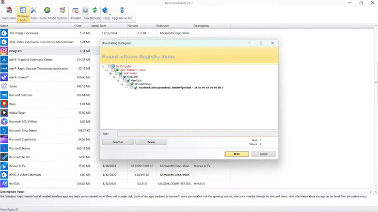 Revo uninstaller on Windows removing program registry items