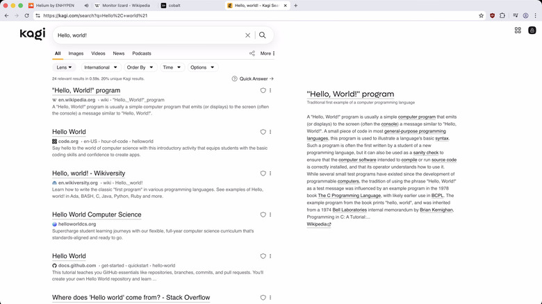 Helium Browser main window using Kagi Search Engine