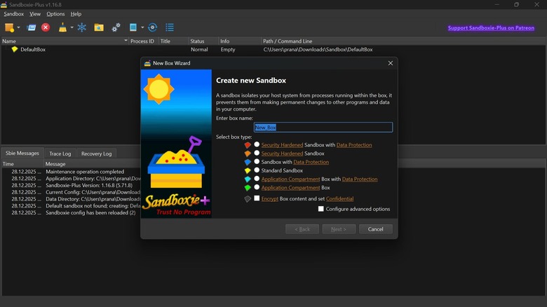 Creating a new sandbox in Sandboxie Plus app