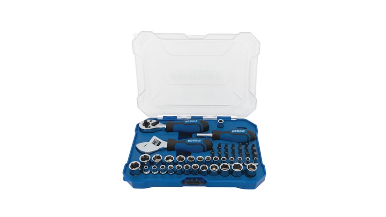 Blue Kobalt mechanics tool set against white background