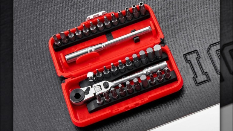 Icon 35-piece Locking Flex-Head Ratchet and Bit Set on a cloth pad