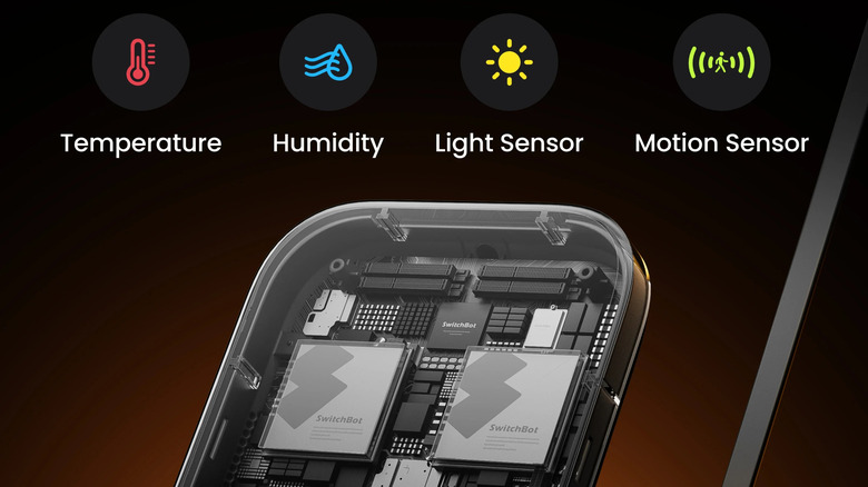 A representation of SwitchBot Hub showing temperature, humidity, light, and motion sensors