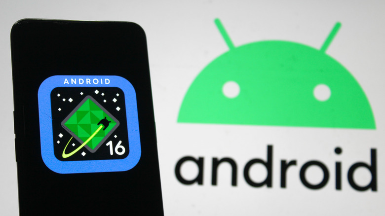 Android 16 logo on a smartphone with an Android logo in the background