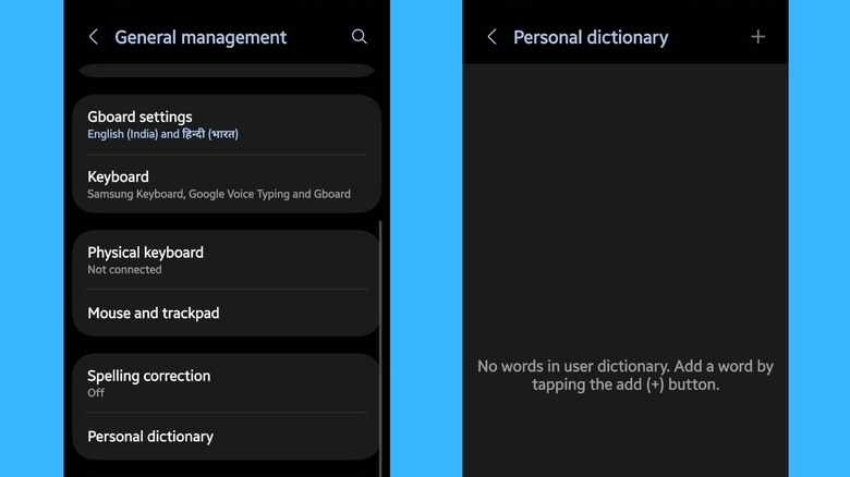 Images showing the steps to use Personal Dictionary feature on Android