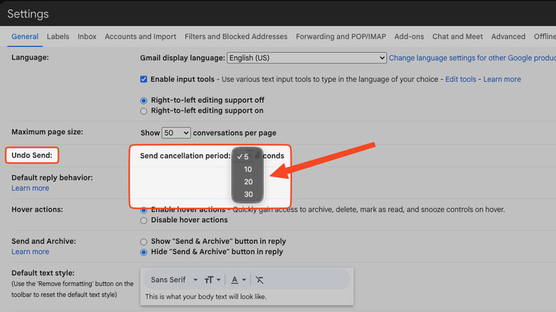 Gmail undo send settings