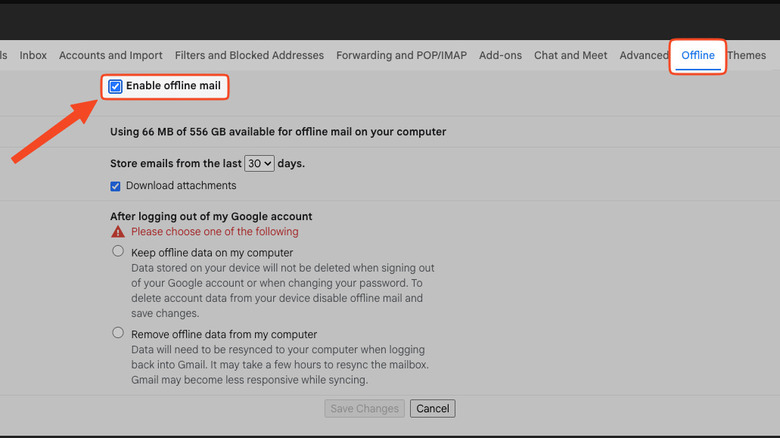 Enabling offline mail in Gmail settings