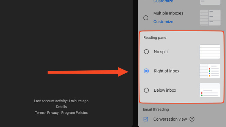 Reading pane setting in Gmail settings