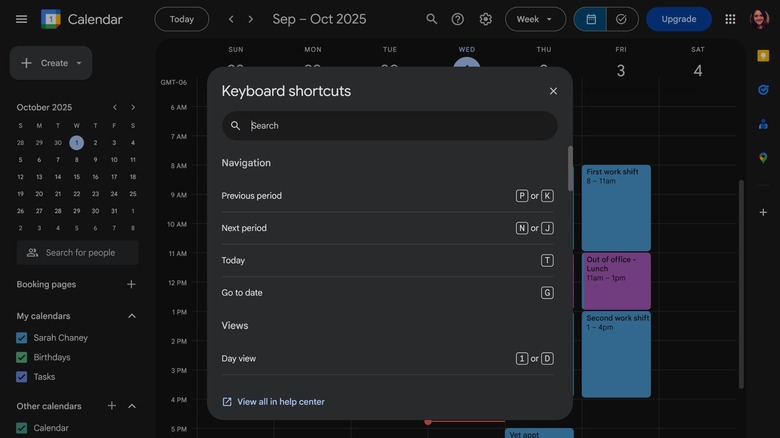keyboard shortcuts in Google Calendar