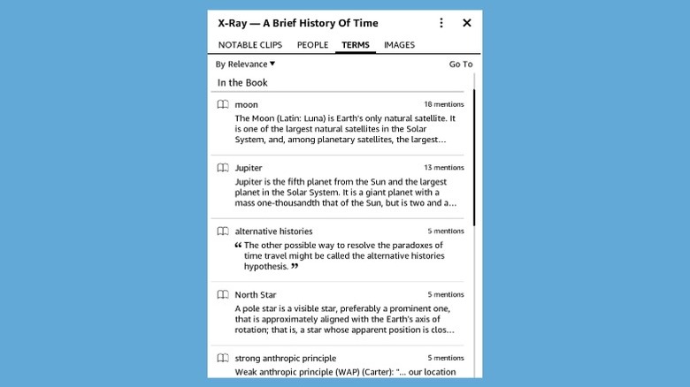 Kindle's X-Ray feature in a book.