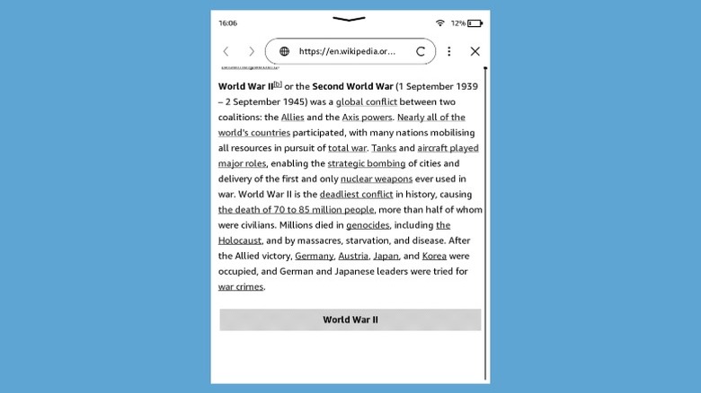 Wikipedia webpage open in Kindle's native web browser.