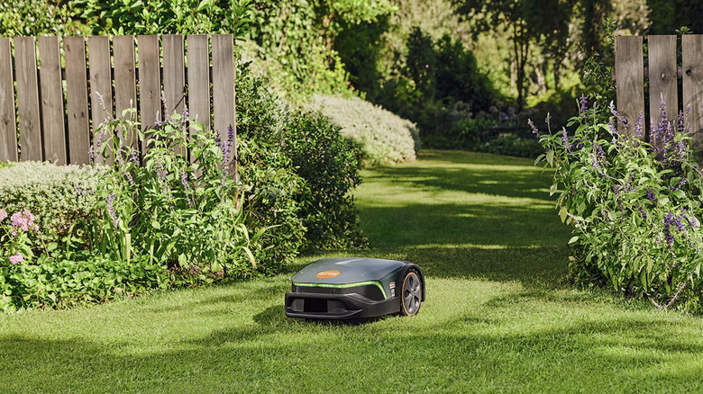 A gray STIHL iMOW robotic mower on a green lawn with a wood fence in the background.